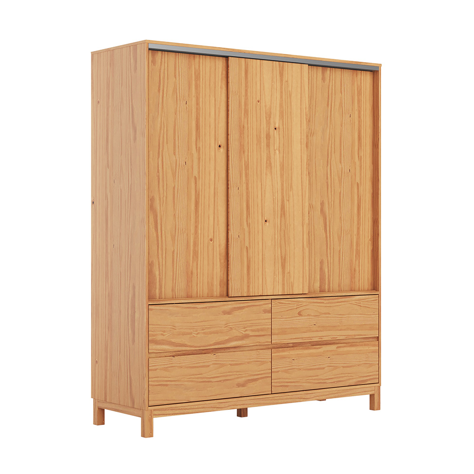 Guarda-Roupa Casal Square 3 Portas 4 Gavetas Madeira Maciça Natural Pine