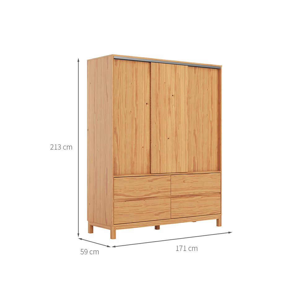 Guarda-Roupa Casal Square 3 Portas 4 Gavetas Madeira Maciça Natural Pine