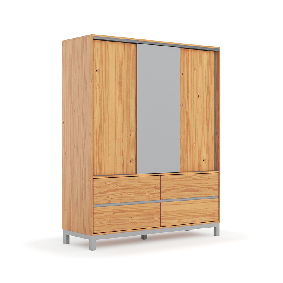 Guarda-Roupa Casal Square 3 Portas 4 Gavetas Natural Pine e Cool Grey