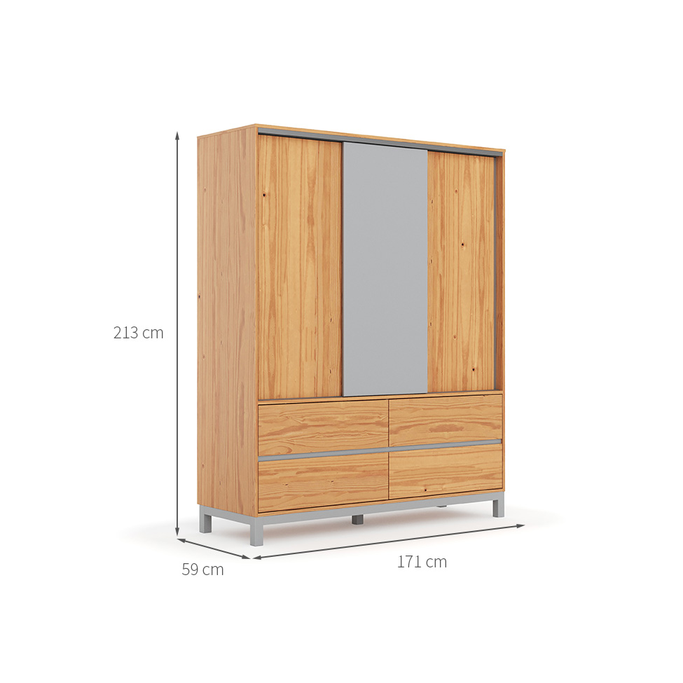 Guarda-Roupa Casal Square 3 Portas 4 Gavetas Natural Pine e Cool Grey
