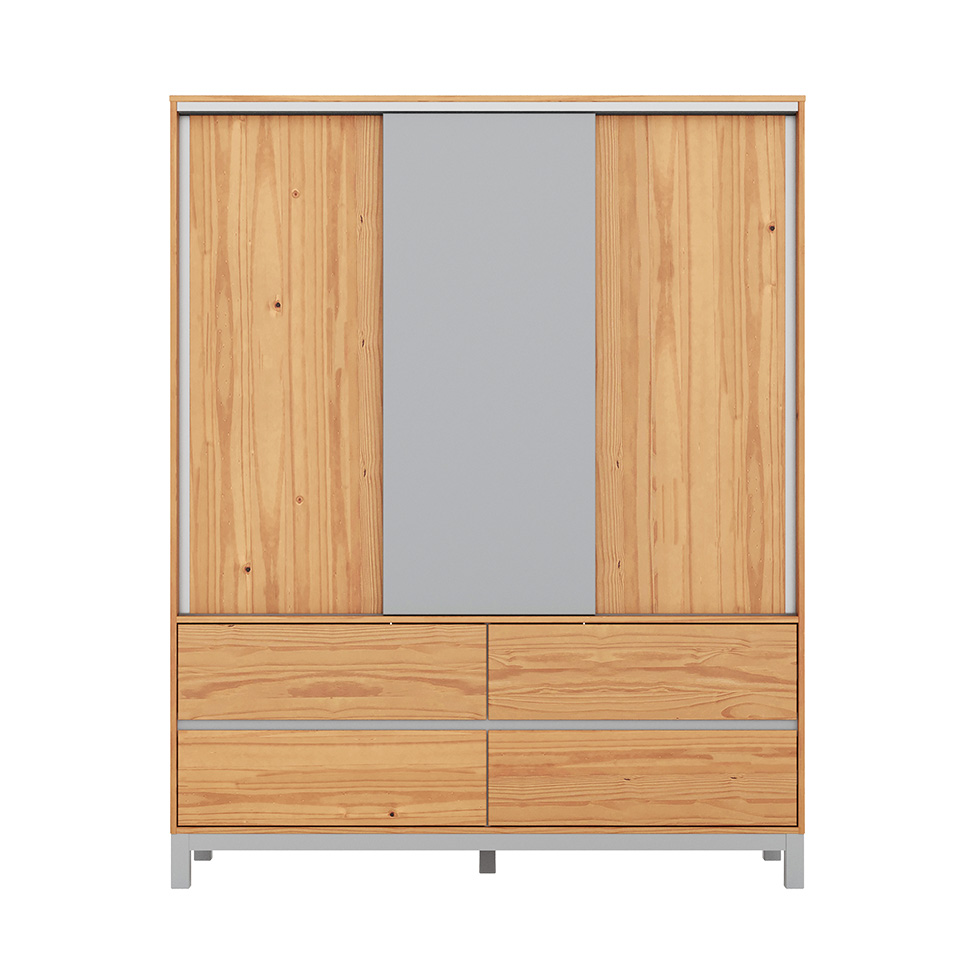 Guarda-Roupa Casal Square 3 Portas 4 Gavetas Natural Pine e Cool Grey