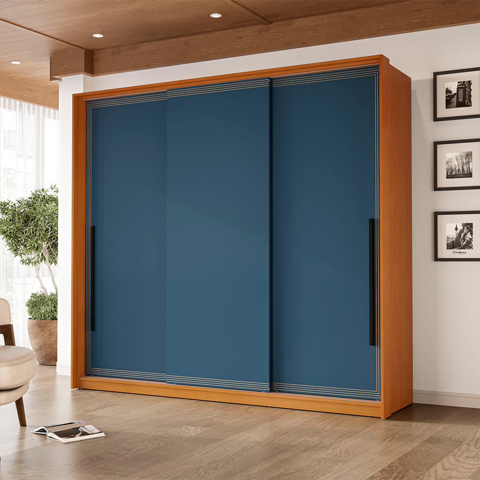 Guarda-Roupa Casal Valência 3 Portas 4 Gavetas Freijó e Azul