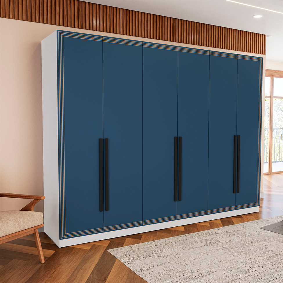Guarda-Roupa Casal Valência 6 Portas 4 Gavetas Branco e Azul