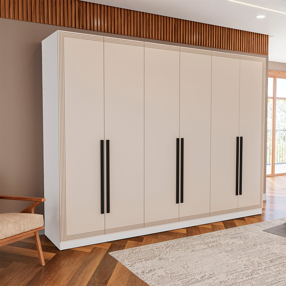 Guarda-Roupa Casal Valência 6 Portas 4 Gavetas Branco e Creme