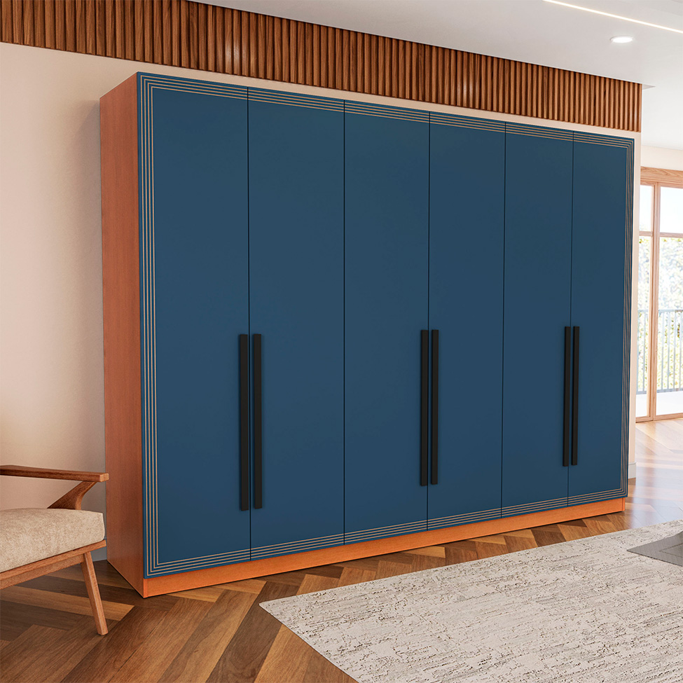 Guarda-Roupa Casal Valência 6 Portas 4 Gavetas Freijó e Azul