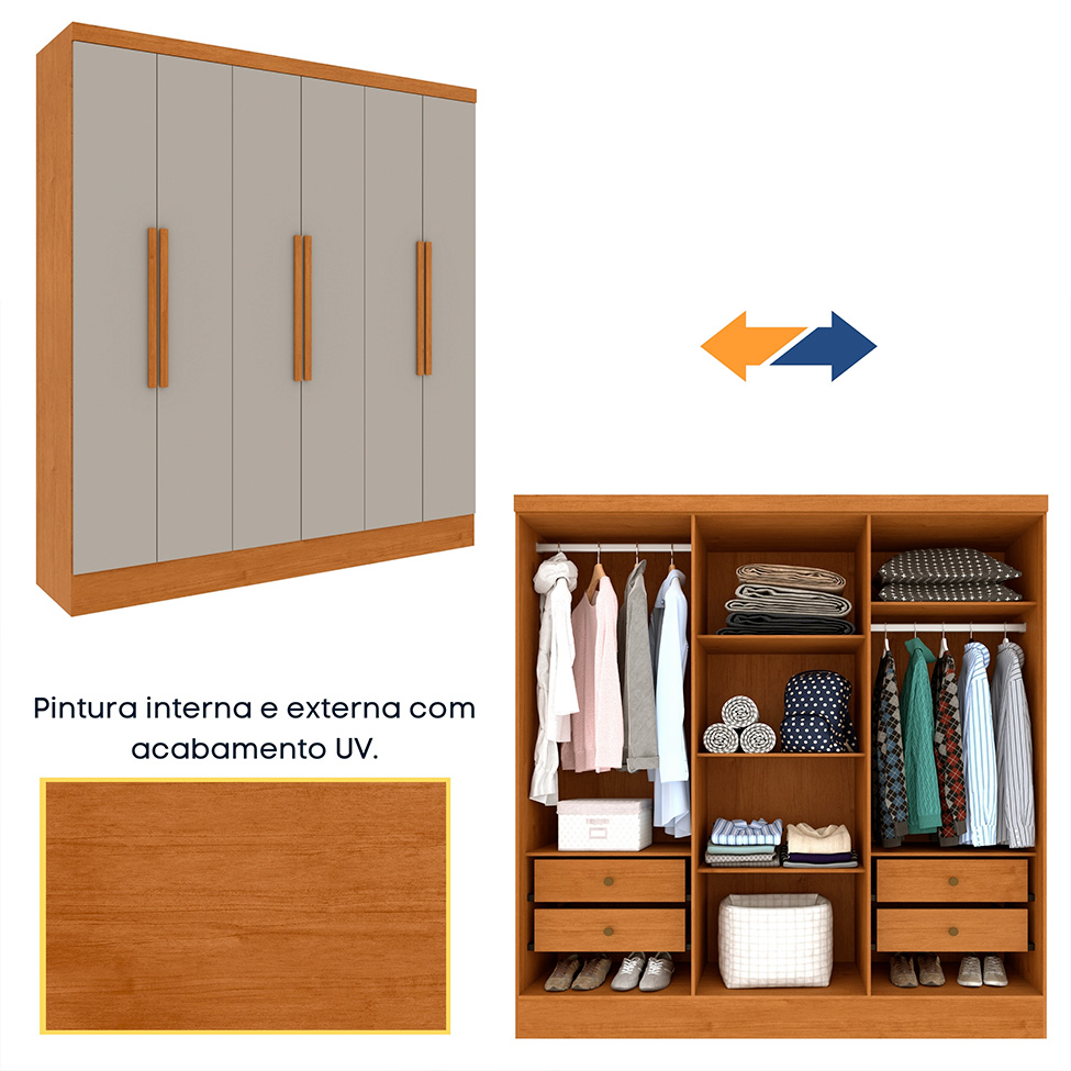 Guarda-Roupa Casal Vietri com Pés 6 PT 4 GV Cinamomo e Off White