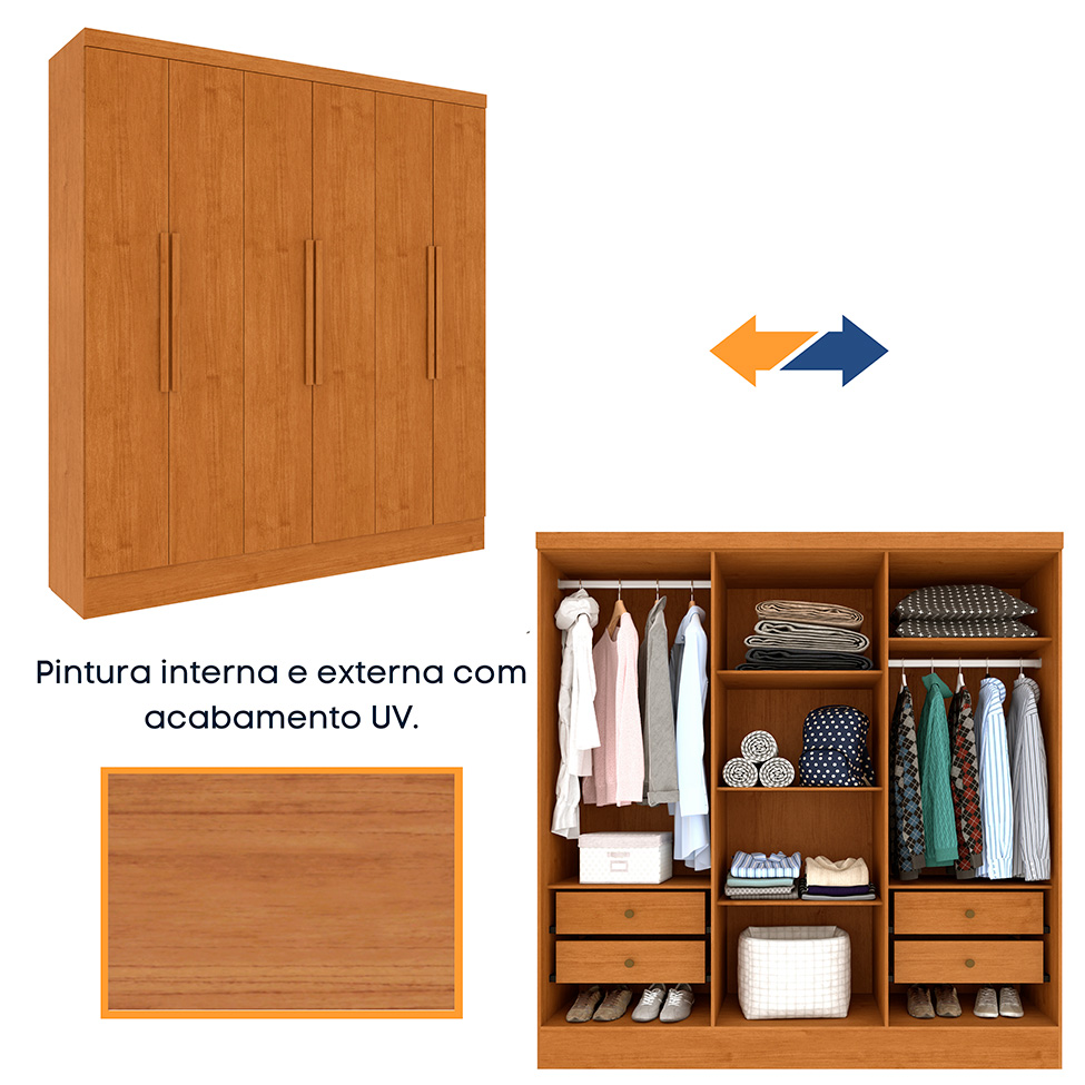Guarda-Roupa Casal Vietri sem Pés 6 Portas 4 Gavetas Cinamomo