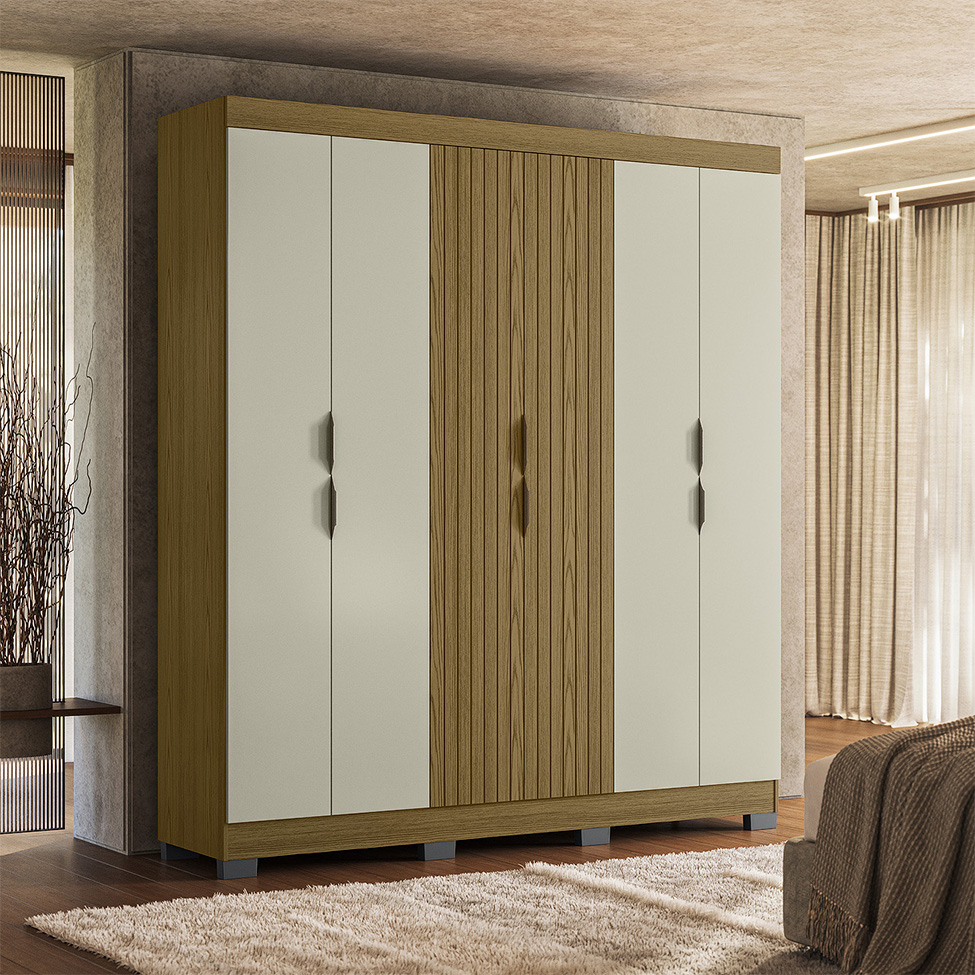 Guarda-Roupa Casal York 6 Portas 2 Gavetas Freijó e Off White