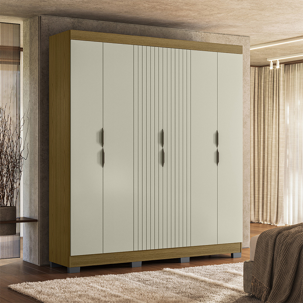 Guarda-Roupa Casal York 6 Portas 2 Gavetas Off White e Freijó