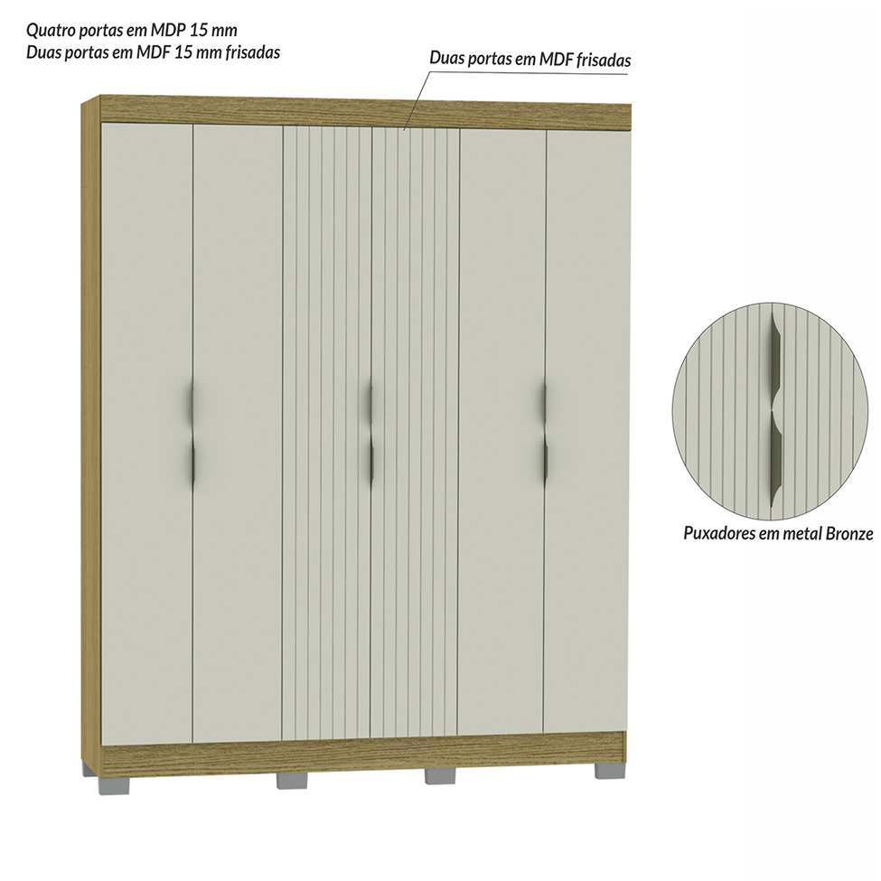 Guarda-Roupa Casal York 6 Portas 2 Gavetas Off White e Freijó