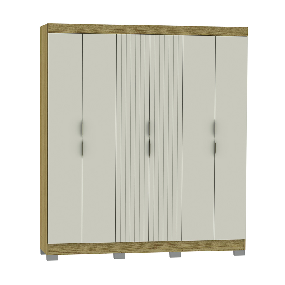 Guarda-Roupa Casal York 6 Portas 2 Gavetas Off White e Freijó