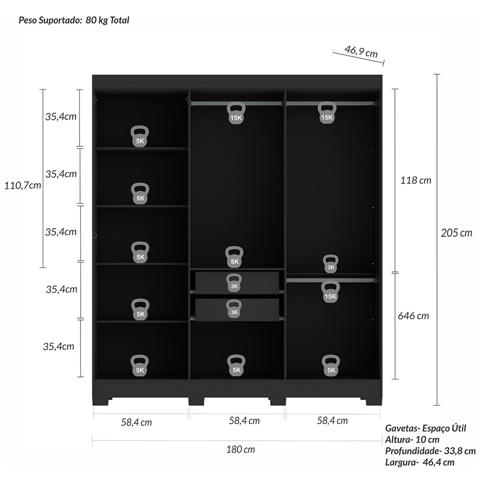 Guarda-Roupa Casal York 6 Portas 2 Gavetas Preto
