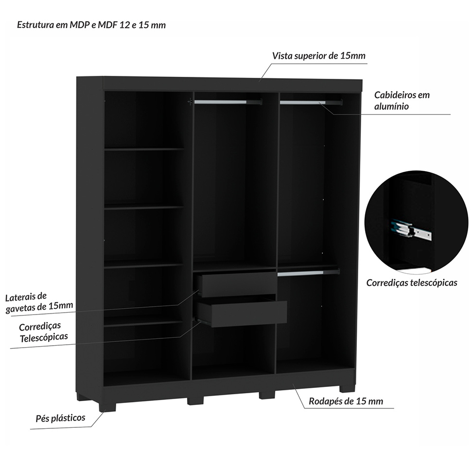 Guarda-Roupa Casal York 6 Portas 2 Gavetas Preto