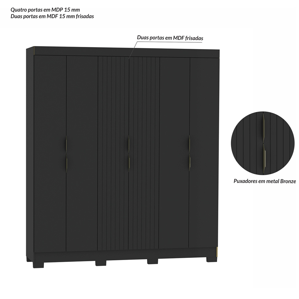 Guarda-Roupa Casal York 6 Portas 2 Gavetas Preto