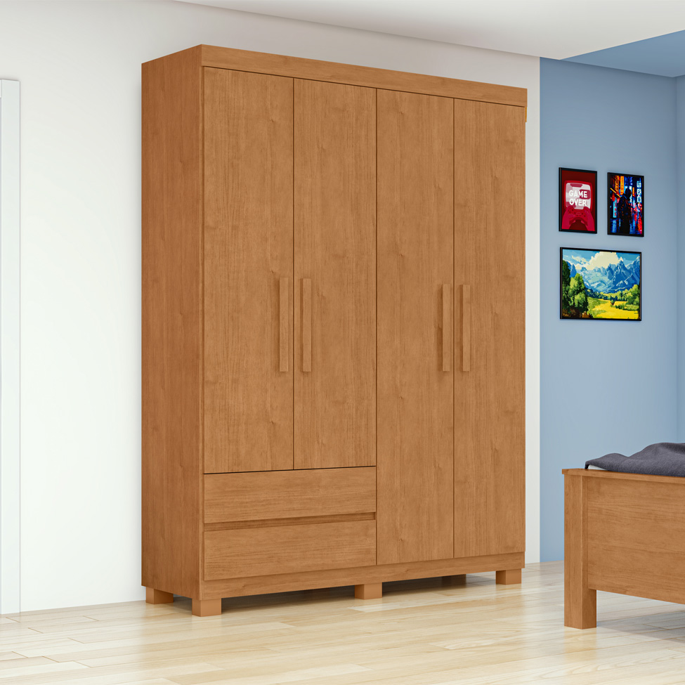 Guarda-Roupa Casal Zeus com Pés 4 Portas 2 Gavetas Amêndoa