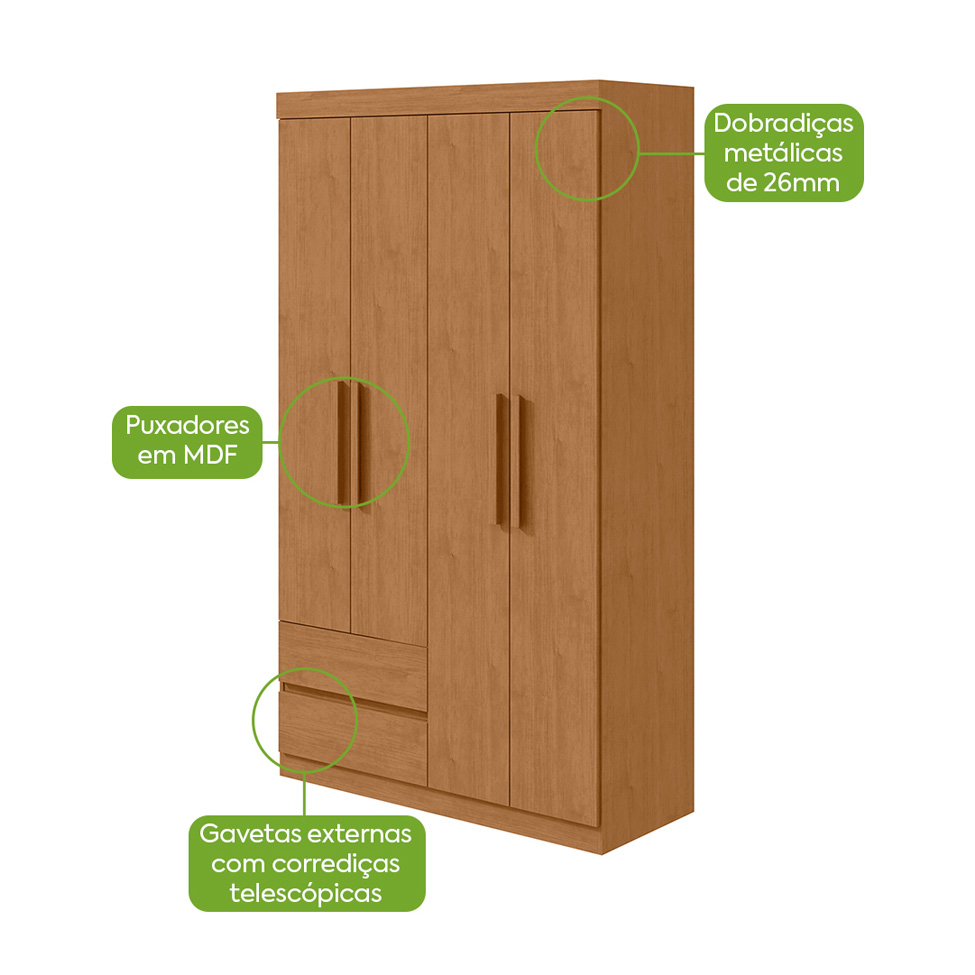 Guarda-Roupa Casal Zeus com Pés 4 Portas 2 Gavetas Amêndoa