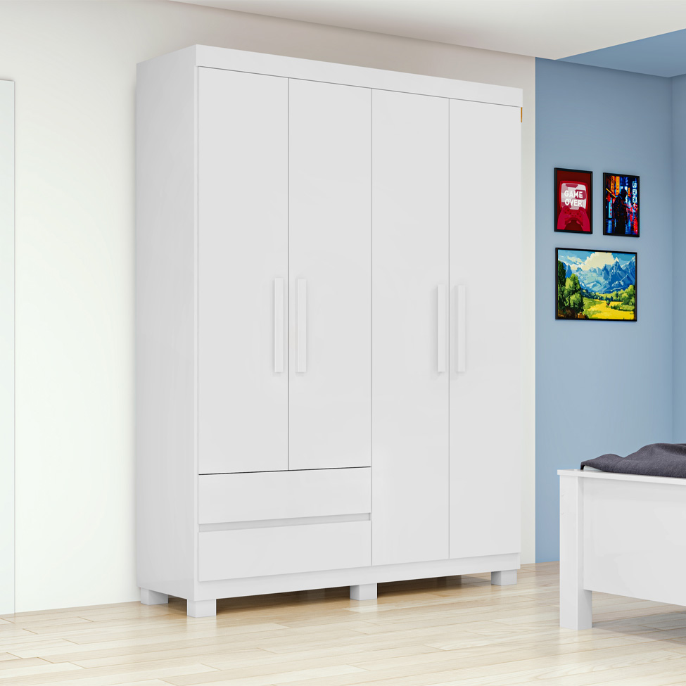 Guarda-Roupa Casal Zeus com Pés 4 Portas 2 Gavetas Branco