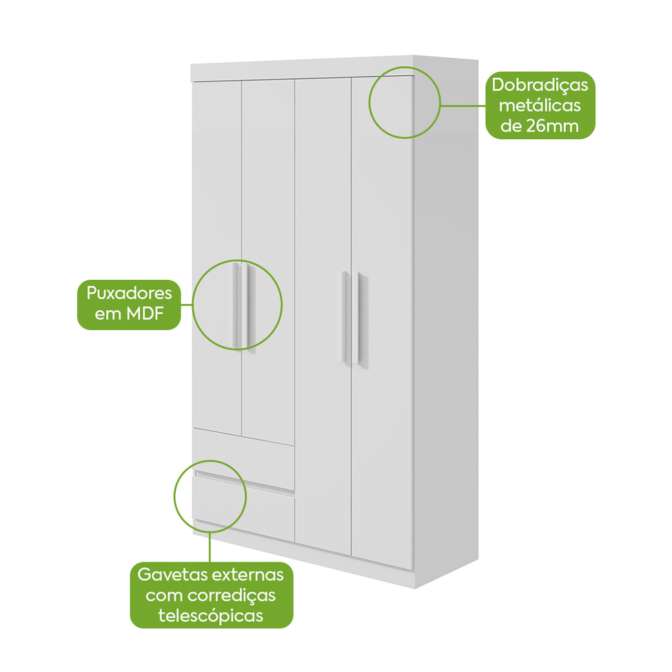 Guarda-Roupa Casal Zeus com Pés 4 Portas 2 Gavetas Branco