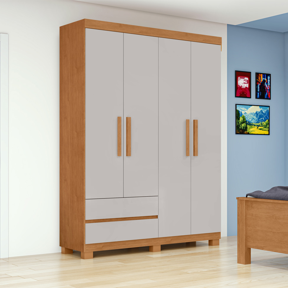 Guarda-Roupa Casal Zeus com Pés 4 Portas 2 Gavetas Off White e Amêndoa