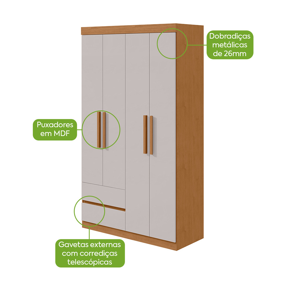 Guarda-Roupa Casal Zeus com Pés 4 Portas 2 Gavetas Off White e Amêndoa