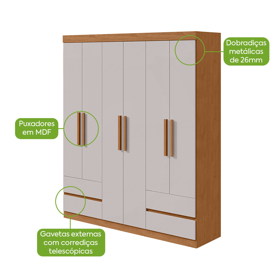 Guarda-Roupa Casal Zeus com Pés 6 Portas 4 Gavetas Off White e Amêndoa