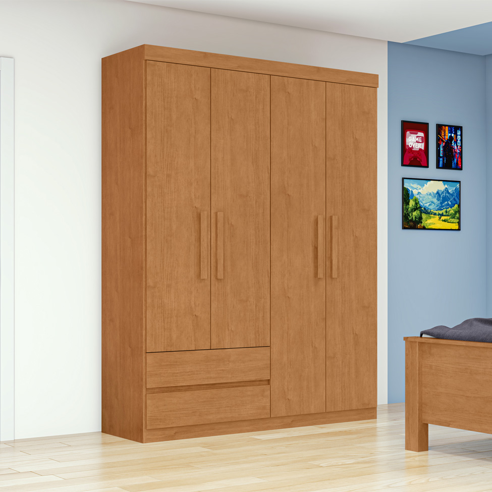 Guarda-Roupa Casal Zeus sem Pés 4 Portas 2 Gavetas Amêndoa