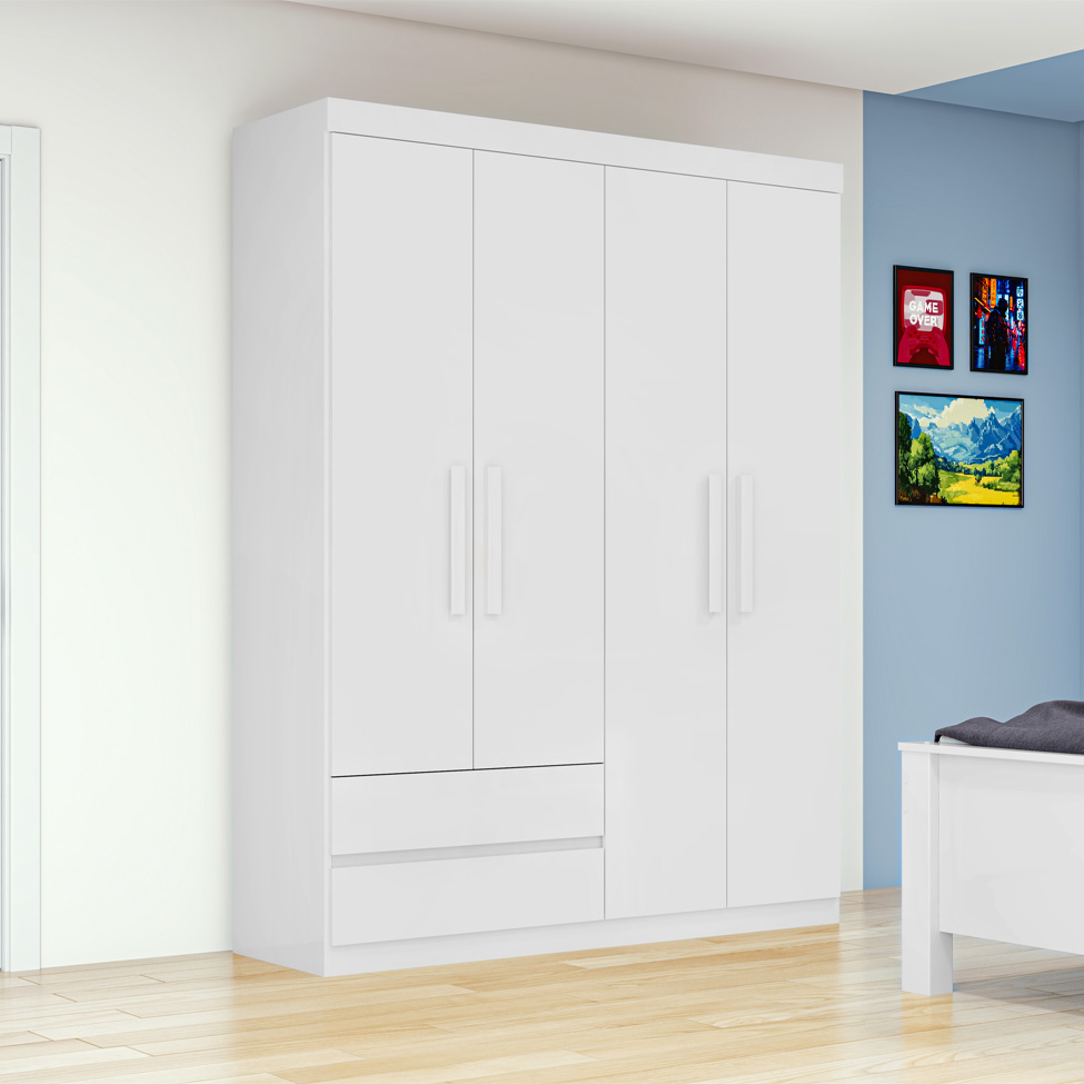 Guarda-Roupa Casal Zeus sem Pés 4 Portas 2 Gavetas Branco