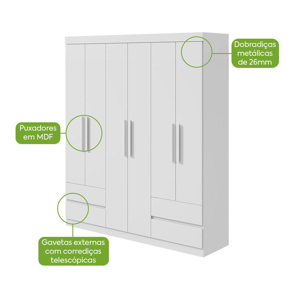 Guarda-Roupa Casal Zeus sem Pés 6 Portas 4 Gavetas Branco