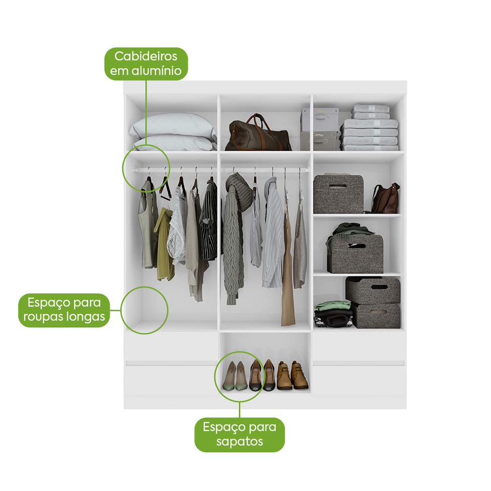 Guarda-Roupa Casal Zeus sem Pés 6 Portas 4 Gavetas Branco