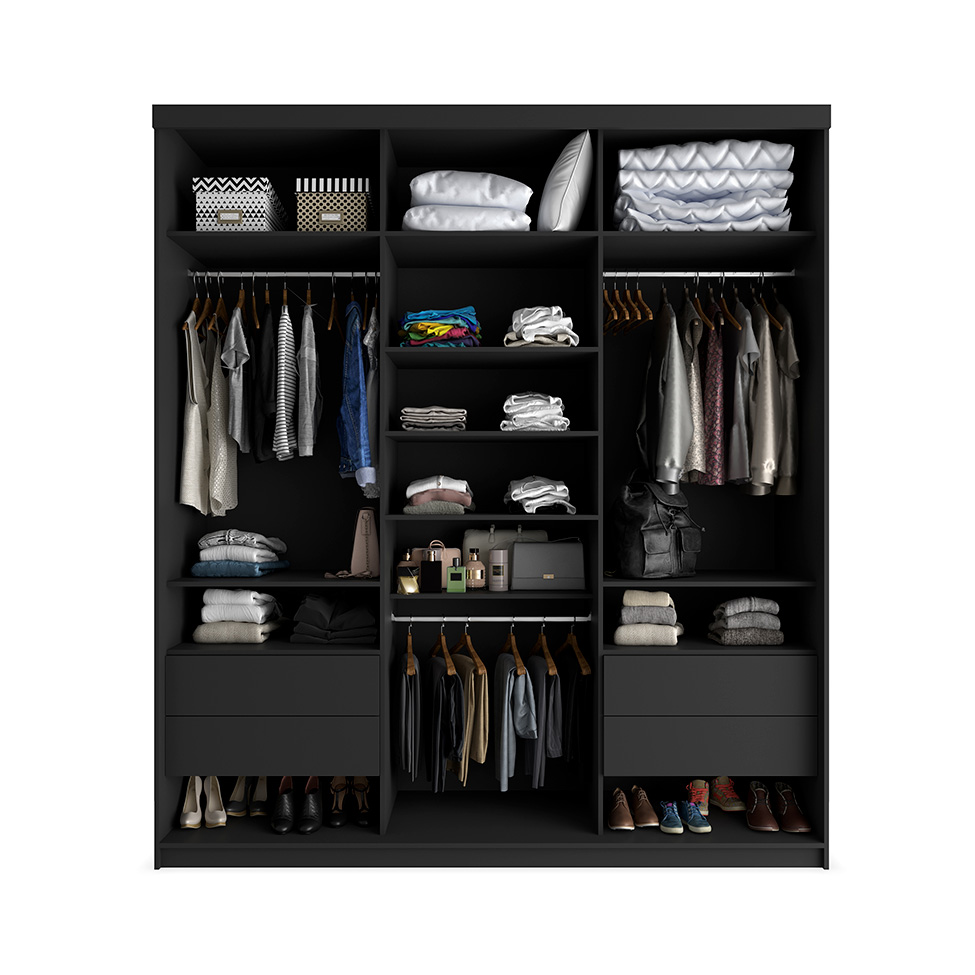 Guarda-Roupa Casal com 1 Espelho Geneve 100% MDF 3 Portas 4 Gavetas Preto