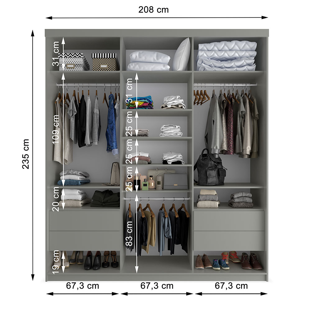 Guarda-Roupa Casal com 1 Espelho Geneve 3 PT 4 GV Cinza