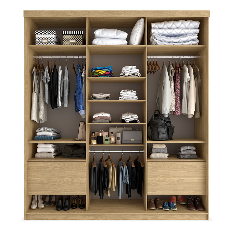 Guarda-Roupa Casal com 1 Espelho Lugano 3 Portas 4 Gavetas Carvalho