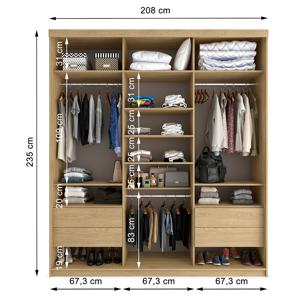 Guarda-Roupa Casal com 1 Espelho Lugano 3 Portas 4 Gavetas Carvalho