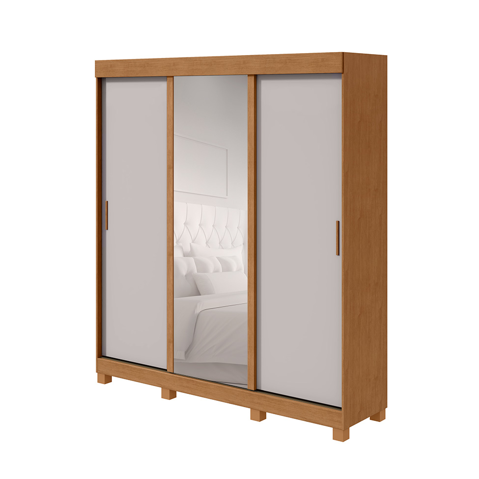Guarda-Roupa Casal com 1 Espelho Saion com Pés 3 Portas 3 Gavetas Amêndoa e Off White