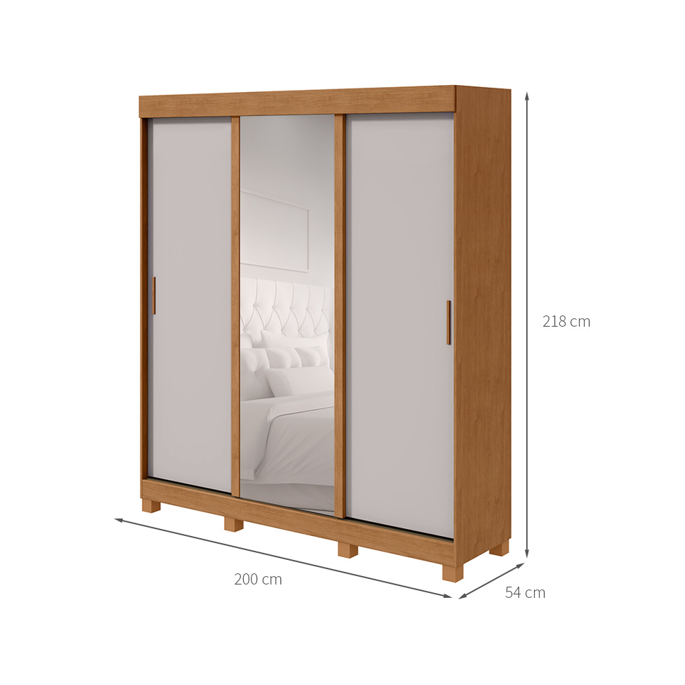 Guarda-Roupa Casal com 1 Espelho Saion com Pés 3 Portas 3 Gavetas Amêndoa e Off White