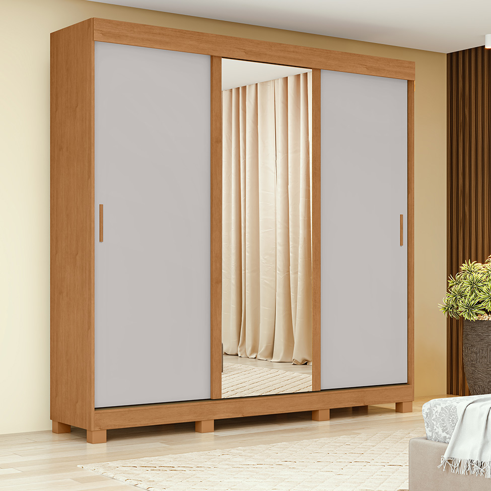 Guarda-Roupa Casal com 1 Espelho Saion com Pés 3 Portas 3 Gavetas Amêndoa e Off White