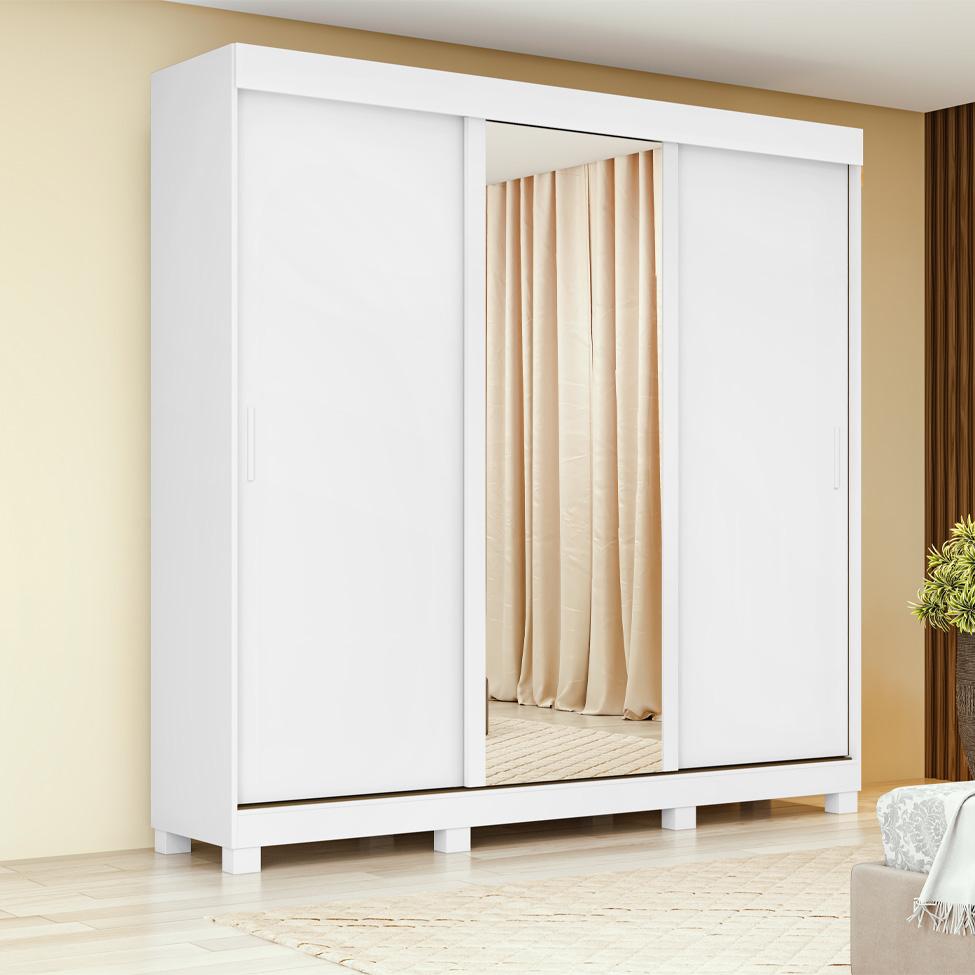 Guarda-Roupa Casal com 1 Espelho Saion com Pés 3 Portas 3 Gavetas Branco