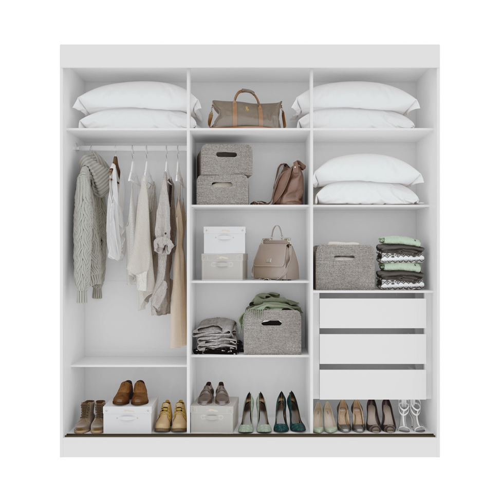 Guarda-Roupa Casal com 1 Espelho Saion sem Pés 3 Portas 3 Gavetas Branco
