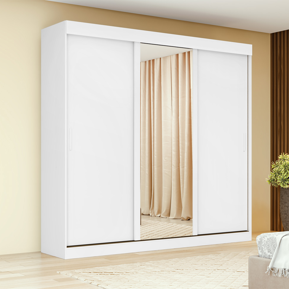 Guarda-Roupa Casal com 1 Espelho Saion sem Pés 3 Portas 3 Gavetas Branco
