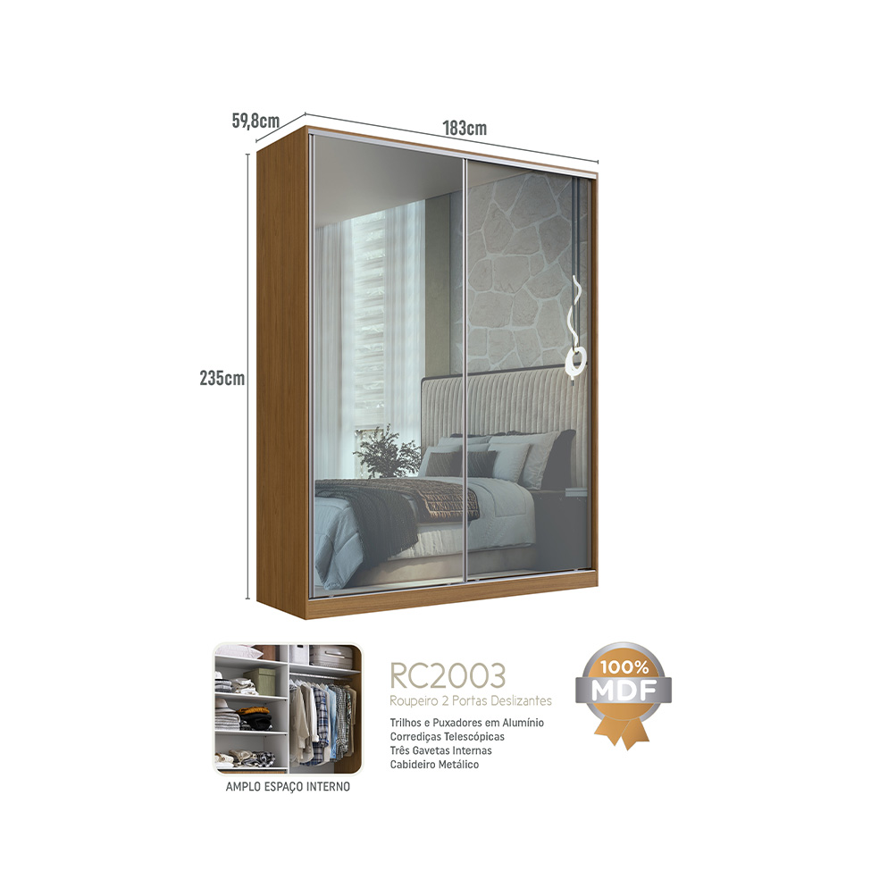 Guarda-Roupa Casal com 2 Espelhos Gioh 2 Portas 3 Gavetas Freijó