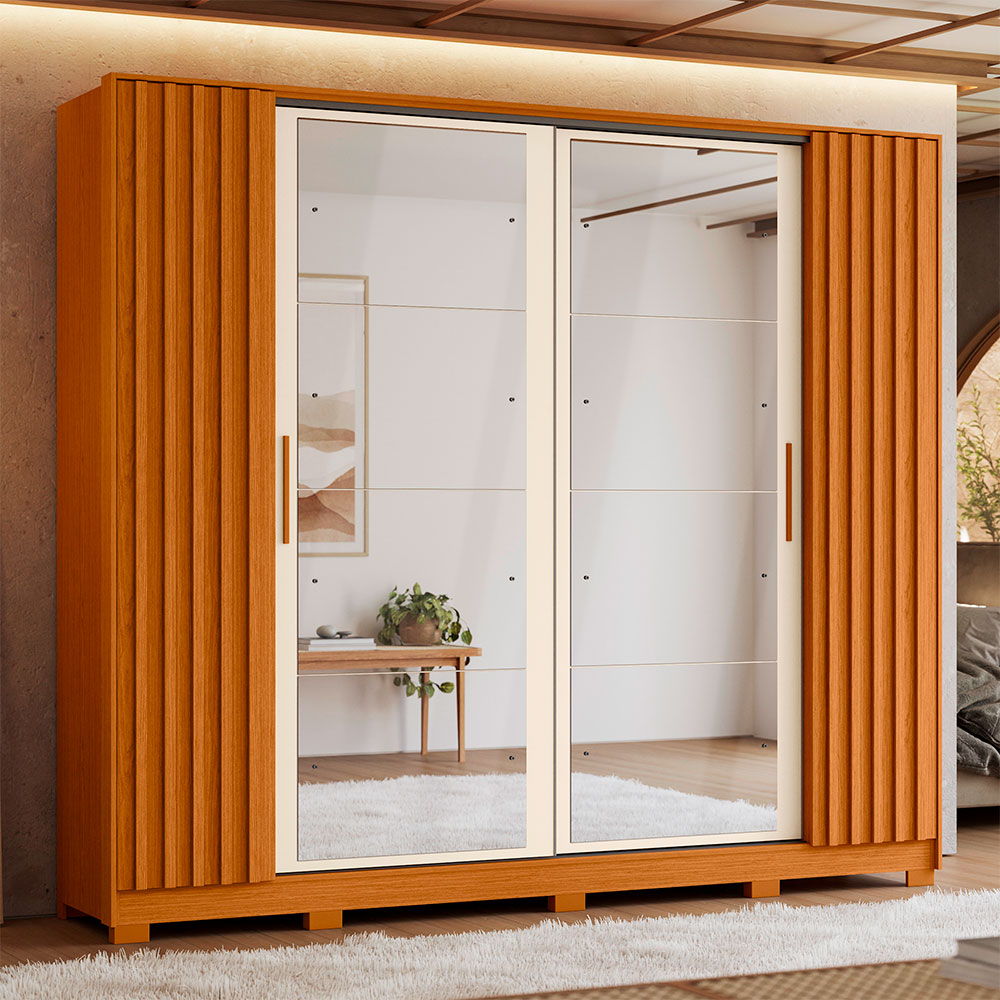Guarda-Roupa Casal com 2 Espelhos Jacarandá Flex 4 Portas 4 Gavetas Cinamomo e Off White