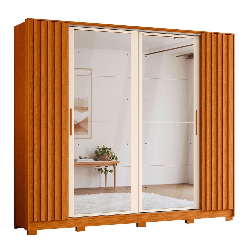 Guarda-Roupa Casal com 2 Espelhos Jacarandá Flex 4 Portas 4 Gavetas Cinamomo e Off White