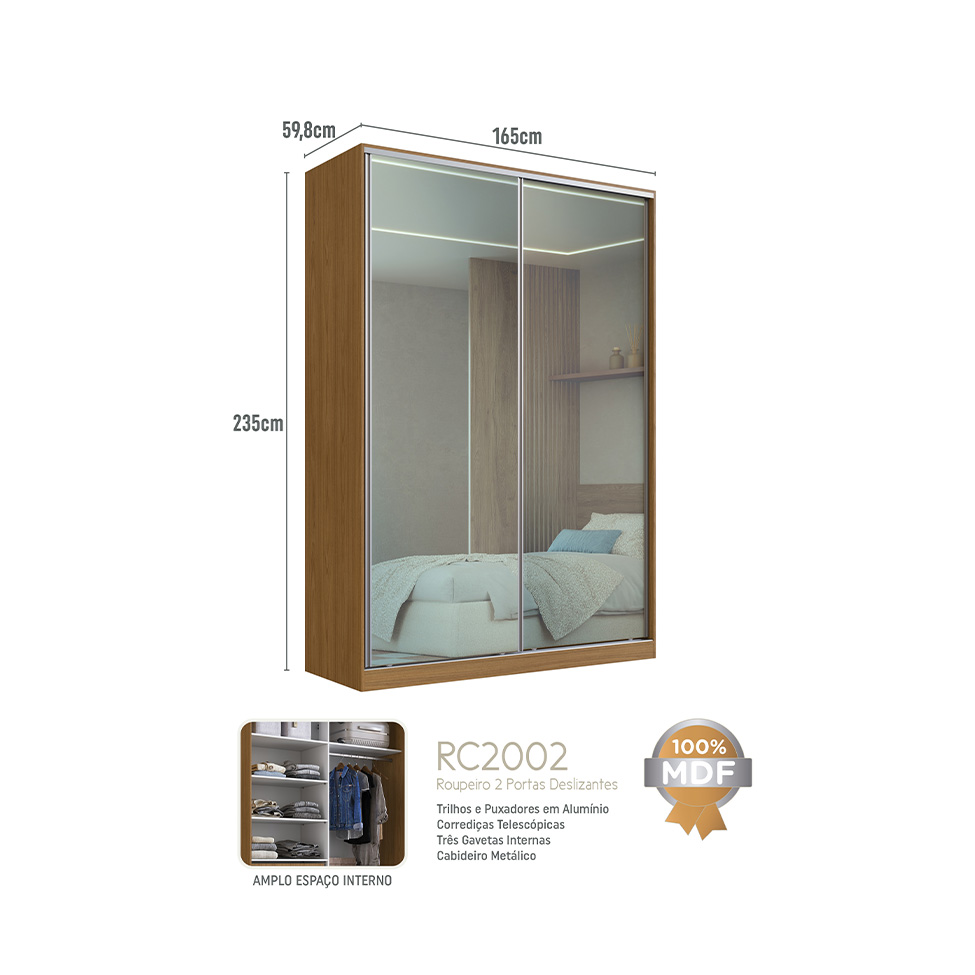 Guarda-Roupa Casal com 2 Espelhos Madê 2 Portas 3 Gavetas Freijó