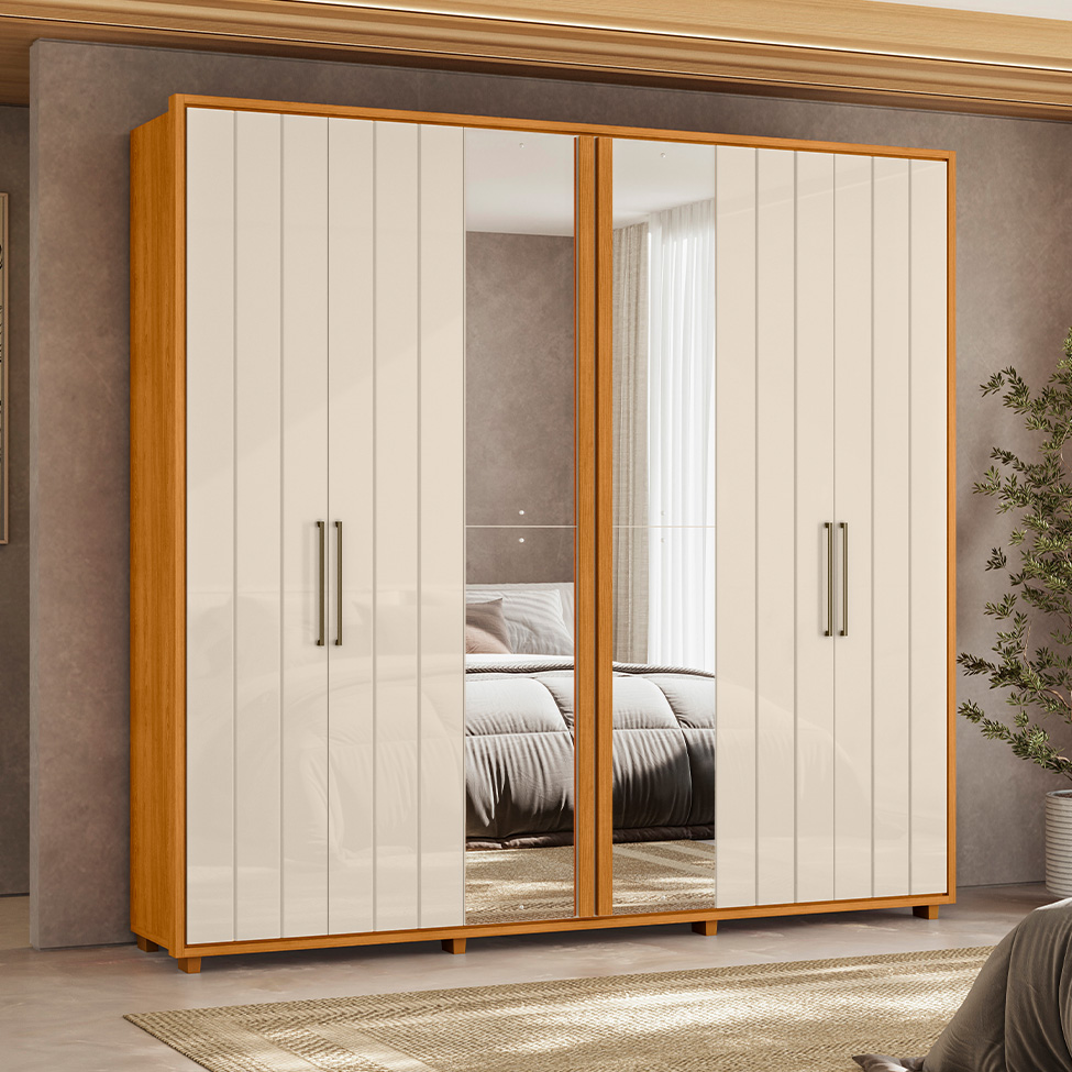 Guarda-Roupa Casal com 2 Espelhos Miro 6 Portas 4 Gavetas Cinamomo e Off White