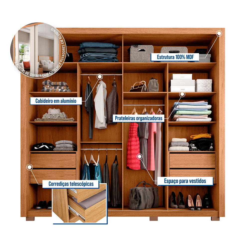 Guarda-Roupa Casal com 2 Espelhos Praticus 2 Portas 4 Gavetas Freijó e Off White