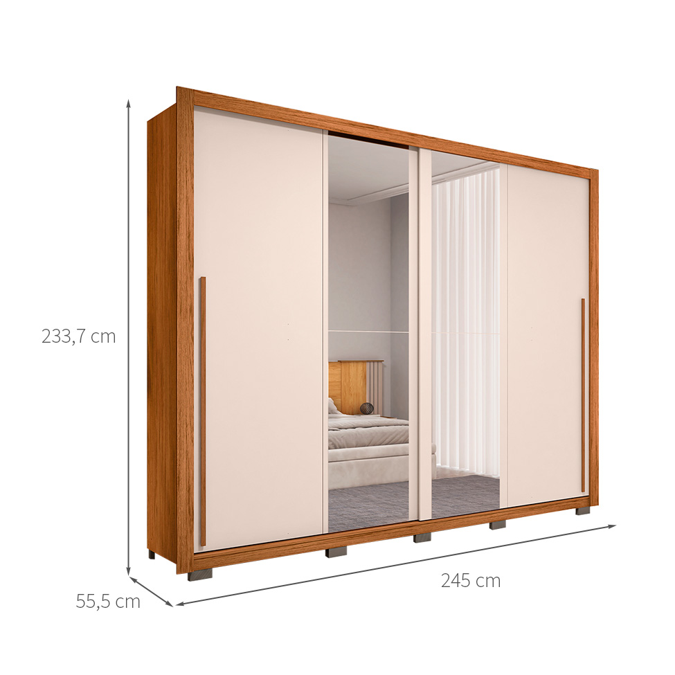 Guarda-Roupa Casal com 2 Espelhos Praticus 2 Portas 4 Gavetas Freijó e Off White