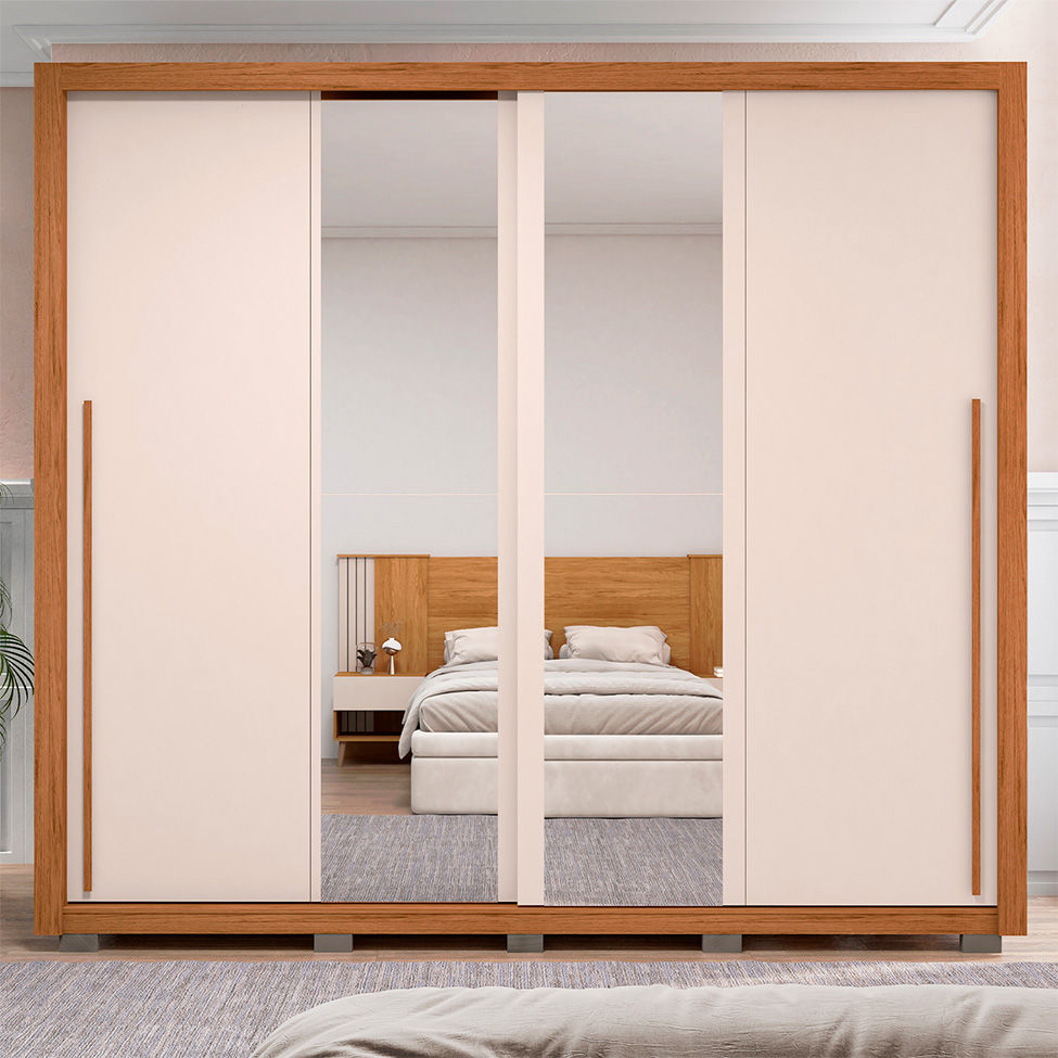 Guarda-Roupa Casal com 2 Espelhos Praticus 2 Portas 4 Gavetas Freijó e Off White