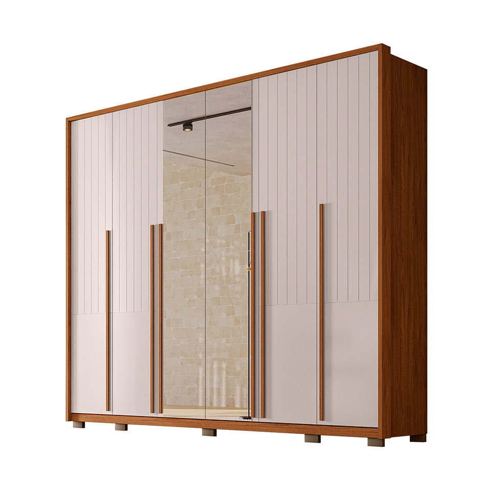 Guarda-Roupa Casal com 2 Espelhos Quintus Ripado 6 Portas 6 Gavetas Freijó e Off White