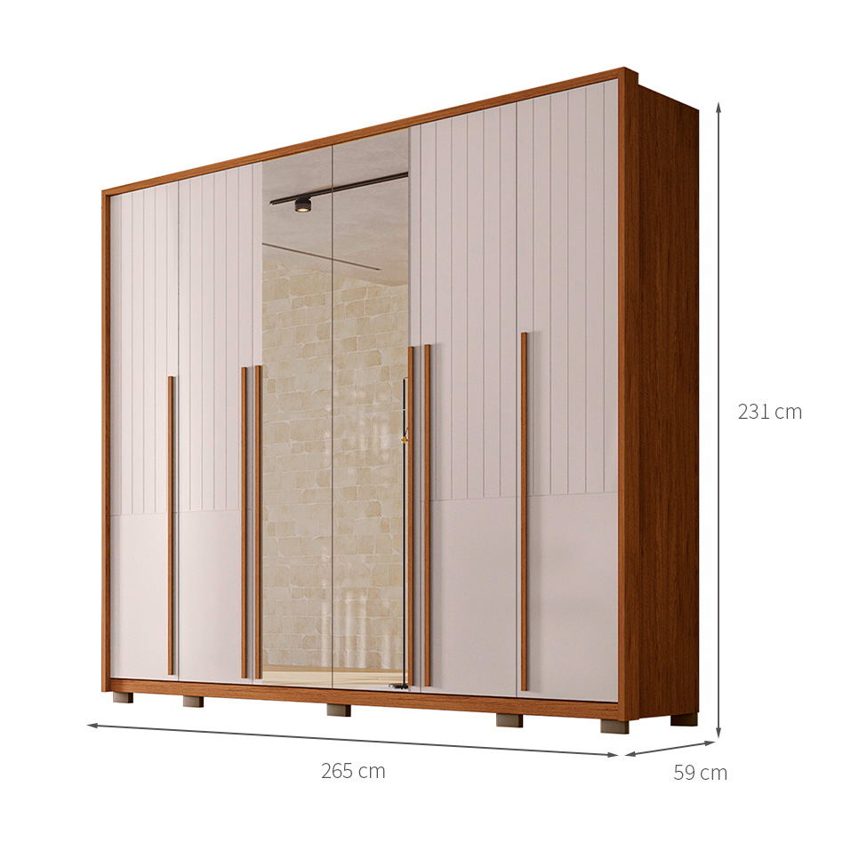 Guarda-Roupa Casal com 2 Espelhos Quintus Ripado 6 Portas 6 Gavetas Freijó e Off White