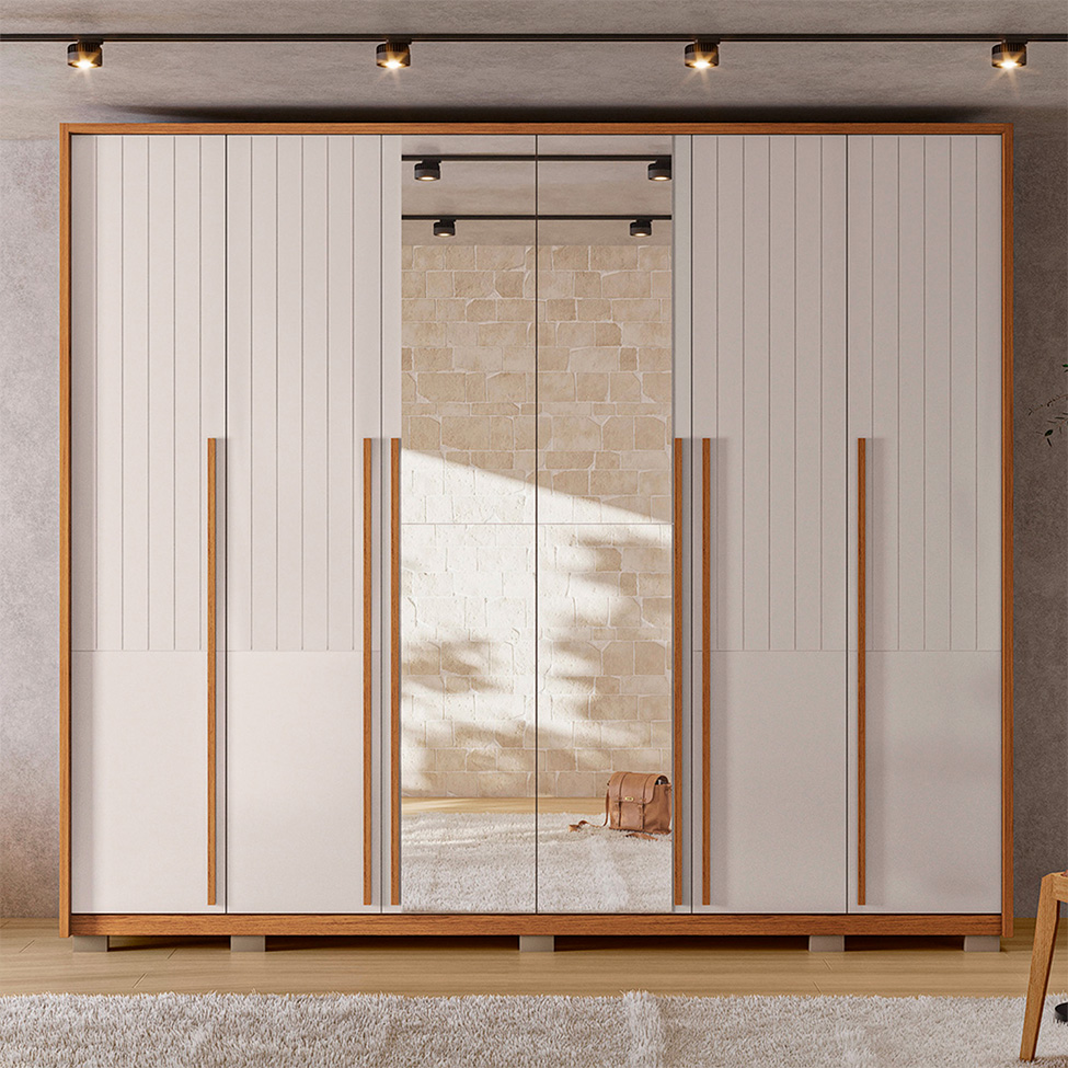 Guarda-Roupa Casal com 2 Espelhos Quintus Ripado 6 Portas 6 Gavetas Freijó e Off White